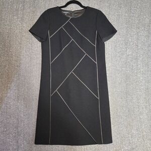 Lafayette 148 New York Charmeuse Piping Black Henora Wool Shift Dress Size S